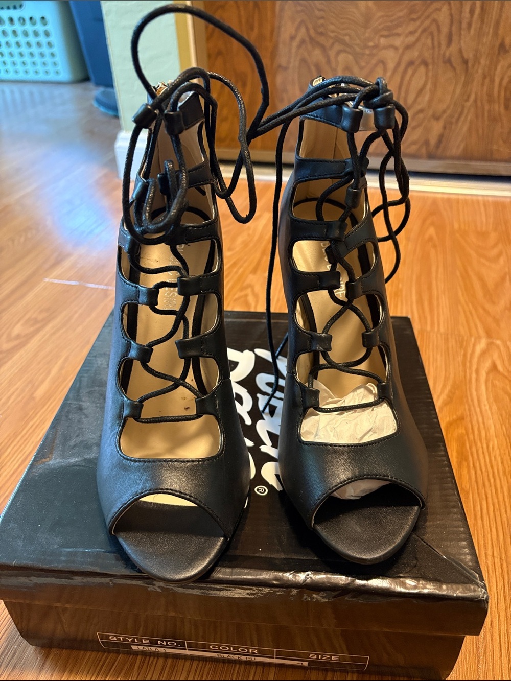 Public Desire Black Lace-Up Peep Toe Heels